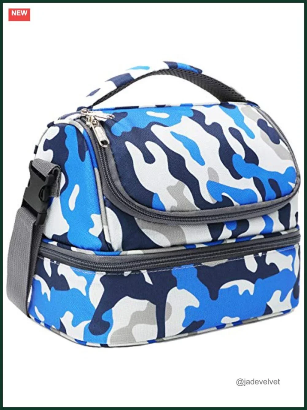 Double Decker Insulated Lunch Bag Tote with Adjustable Strap, Polyester